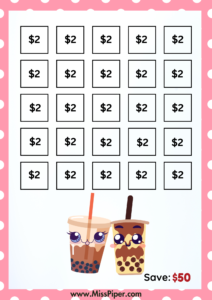 1 - Free Printable Savings Challenge - cute boba theme