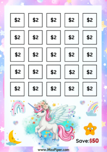 1 - Free Printable Savings Challenge - cute unicorn theme - money savings challenge