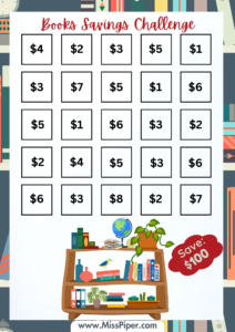 2 - Free Printable Savings Challenge - books theme - saving money challenge