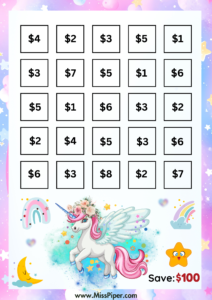 2 - Free Printable Savings Challenge - cute unicorn theme - money savings challenge