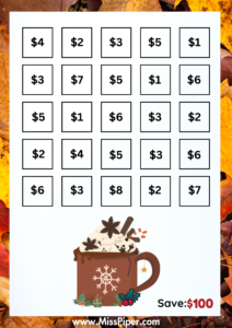 2 - Free Printable Savings Challenge - hot cocoa theme - money savings challenge