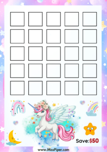 3 - Free Printable Savings Challenge - cute unicorn theme - money savings challenge