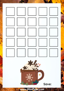 3 - Free Printable Savings Challenge - hot cocoa theme - money savings challenge