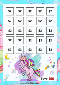 4 - Free Printable Savings Challenge - cute unicorn theme - money savings challenge