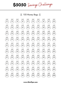 $5050 Savings Challenge A6 - Free Printable Savings Challenge - money tracker printable- monthly savings challenge