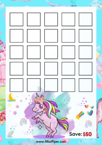 6 - Free Printable Savings Challenge - cute unicorn theme - money savings challenge