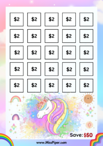 7 - Free Printable Savings Challenge - cute unicorn theme - money savings challenge