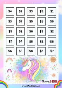 8 - Free Printable Savings Challenge - cute unicorn theme - money savings challenge