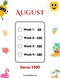 August - Free Printable Savings Challenge - money tracker printable- monthly savings challenge