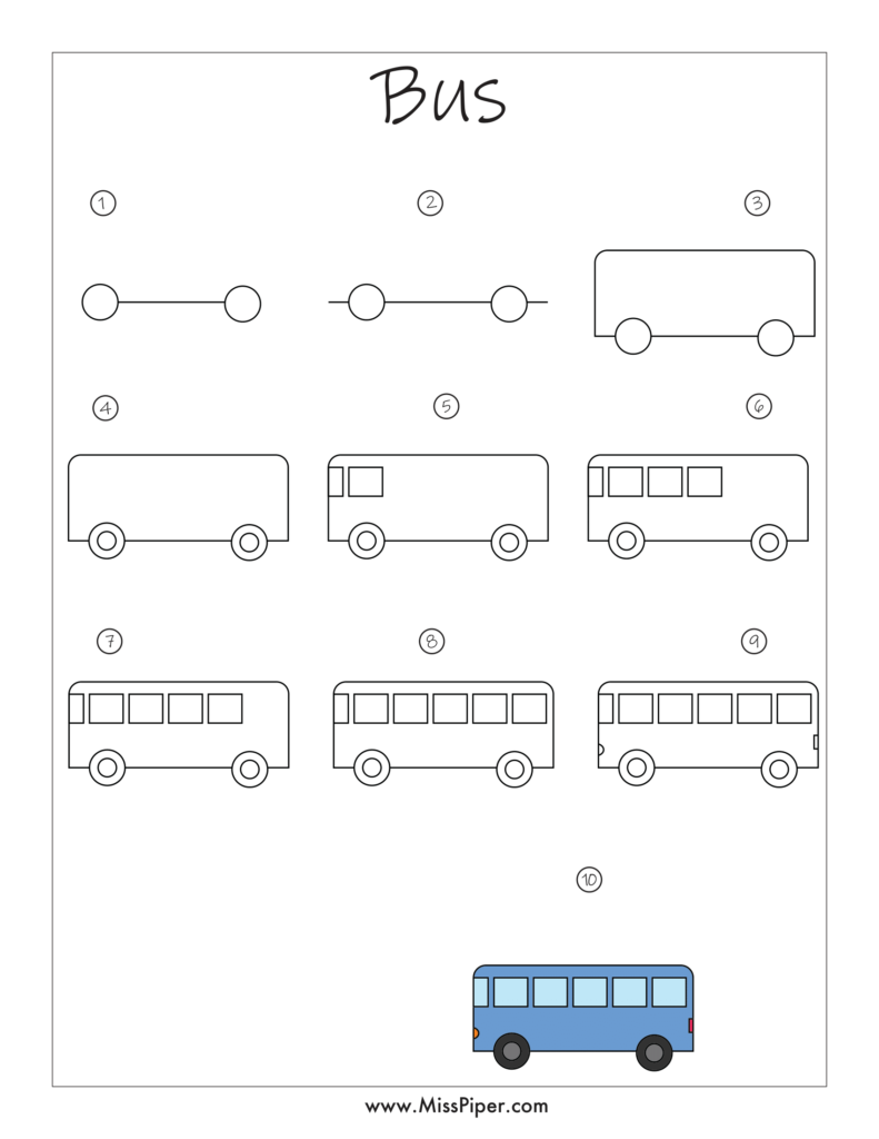 BUS – How to draw Step by Step, easy for beginners – Free Printables