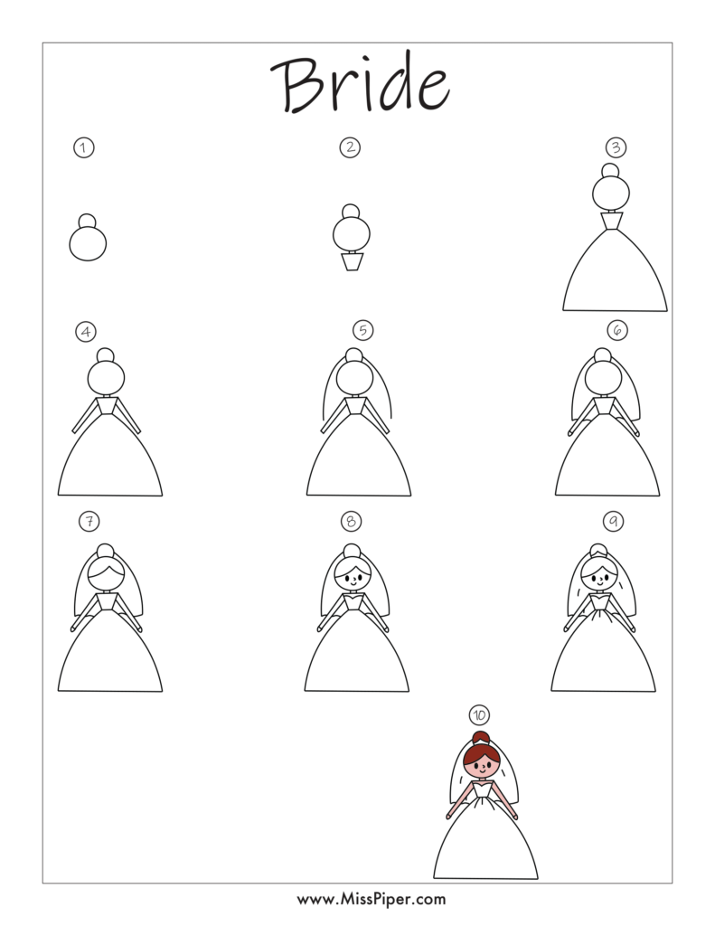 Bride – How to draw Step by Step, easy for beginners – Free Printables