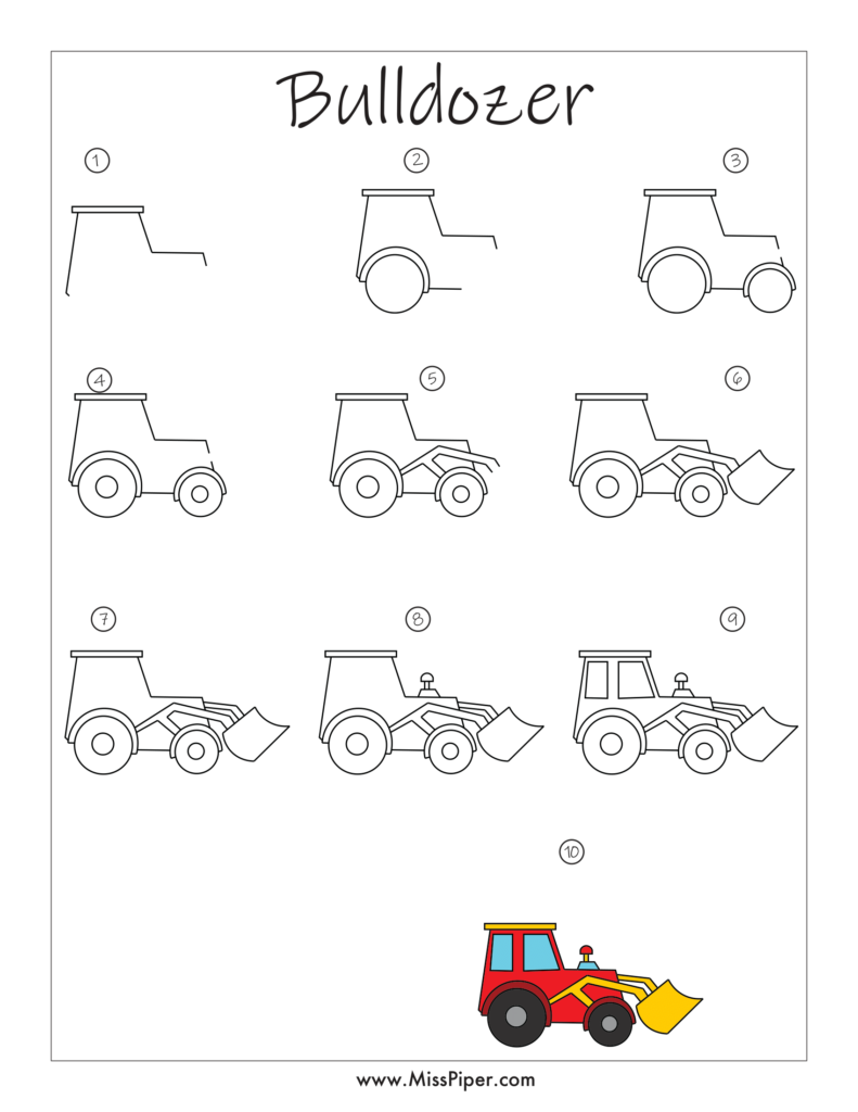 Bulldozer – How to draw Step by Step, easy for beginners – Free Printables