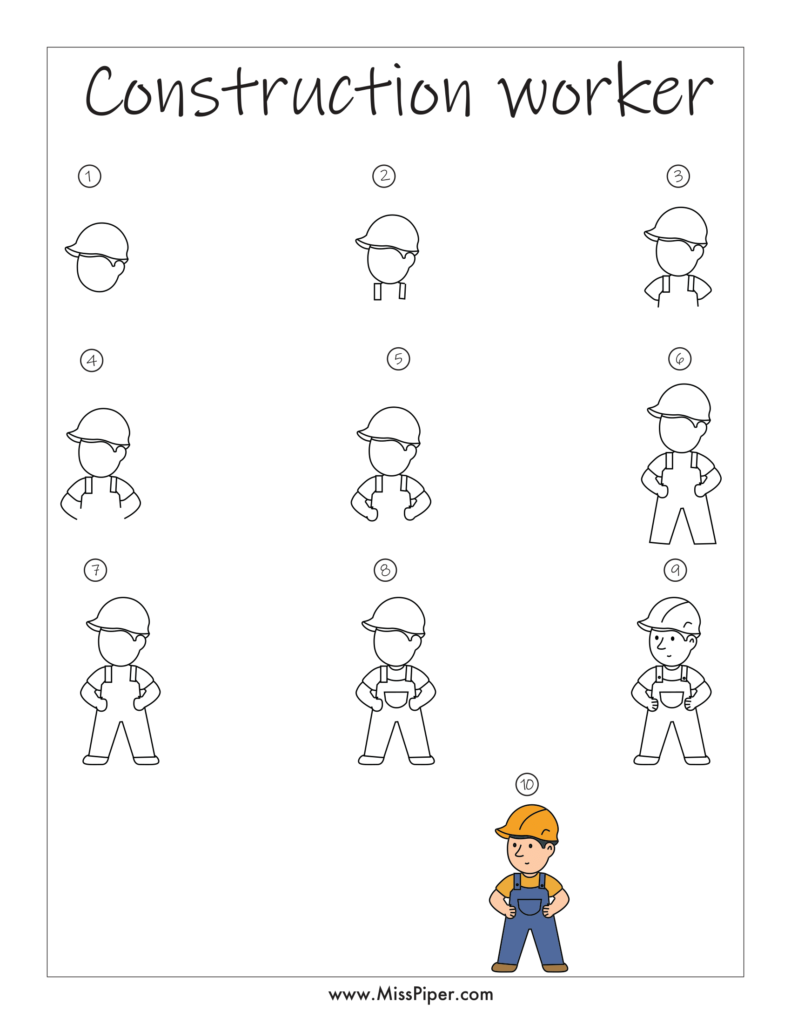 Construction Worker – How to draw Step by Step, easy for beginners – Free Printables