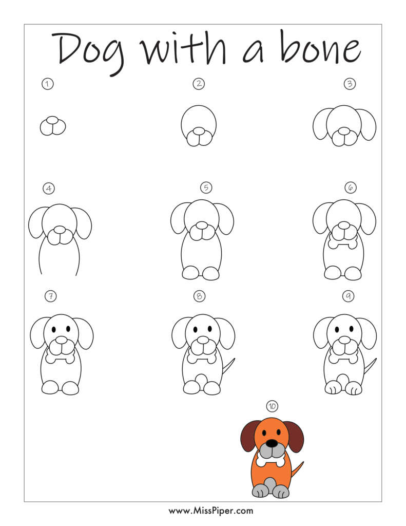 DOG with a bone – How to draw Step by Step, easy for beginners – Free Printables