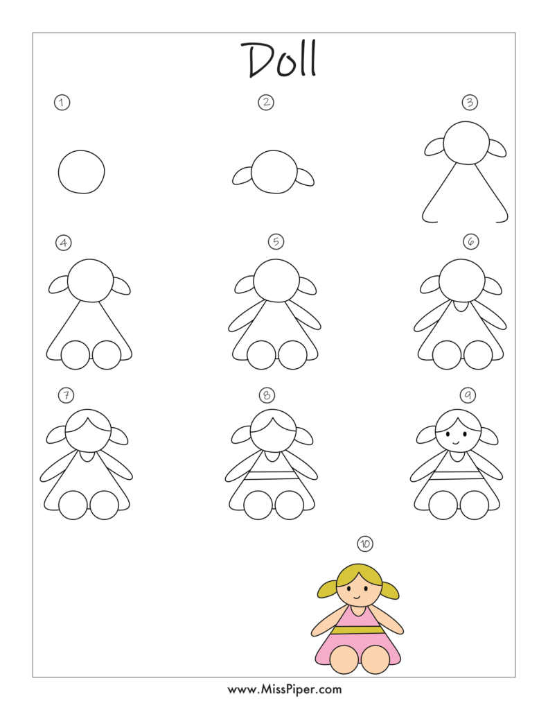 Doll – How to draw Step by Step, easy for beginners – Free Printables