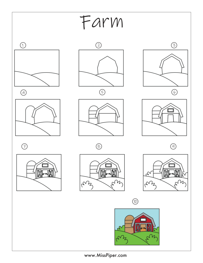 Farm – How to draw Step by Step, easy for beginners – Free Printables