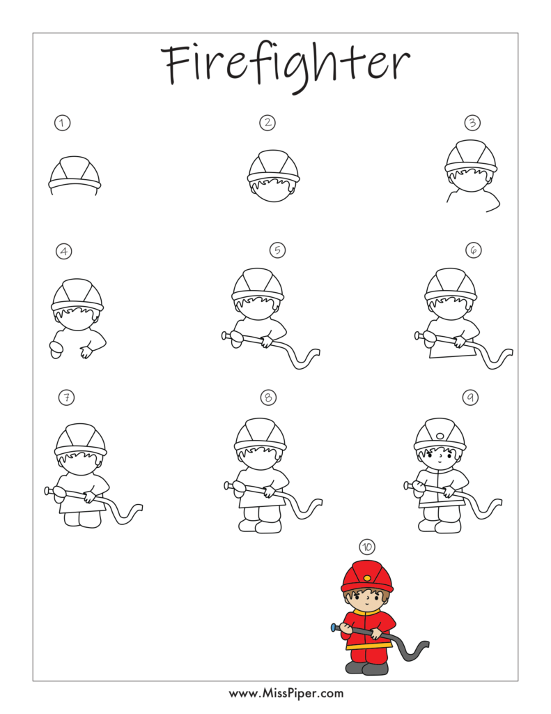 Firefighter – How to draw Step by Step, easy for beginners – Free Printables