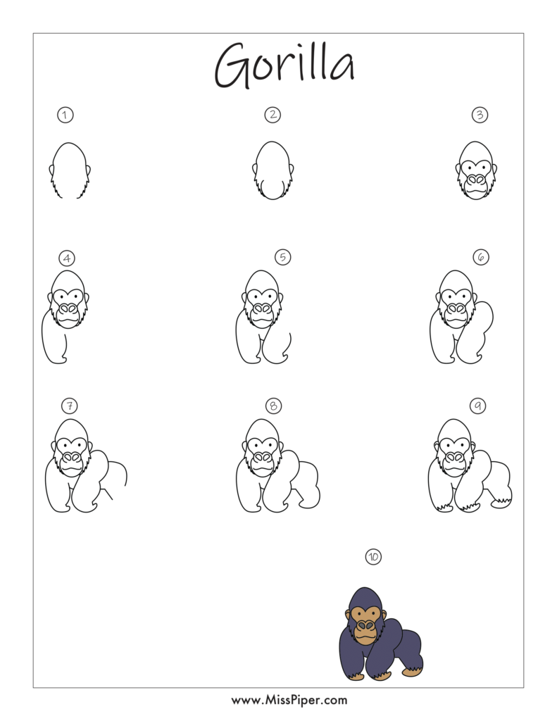 Gorilla – How to draw Step by Step, easy for beginners – Free Printables