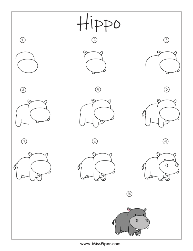 Hippo – How to draw Step by Step, easy for beginners – Free Printables