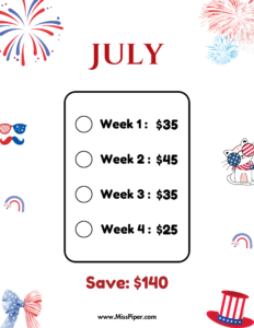 July - Free Printable Savings Challenge - money tracker printable- monthly savings challenge