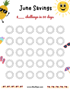 June - Free Printable Savings Challenge - money tracker printable- monthly savings challenge