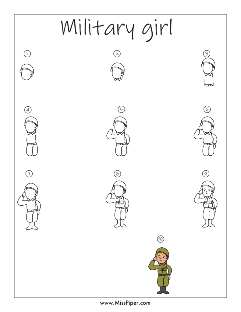 Military Girl – How to draw Step by Step, easy for beginners – Free Printables