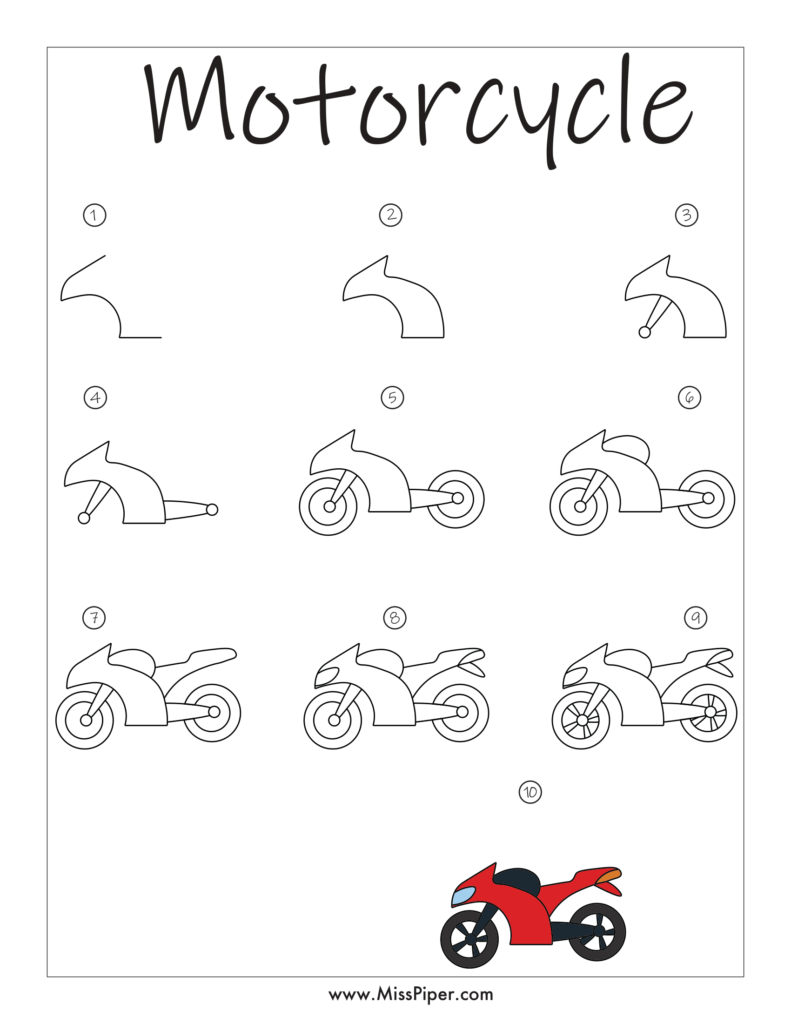 Motorcycle – Simple How to draw Step by Step easy for beginners – Free Printables