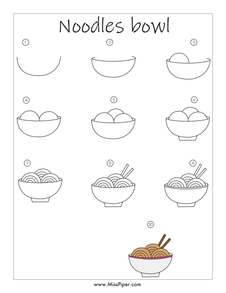 Noodles Bowl – How to draw Step by Step, easy for beginners – Free Printables