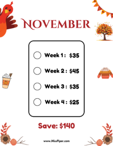 November - Free Printable Savings Challenge - money tracker printable- monthly savings challenge