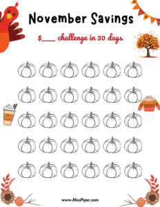 November - Free Printable Savings Challenge - money tracker printable- monthly savings challenge