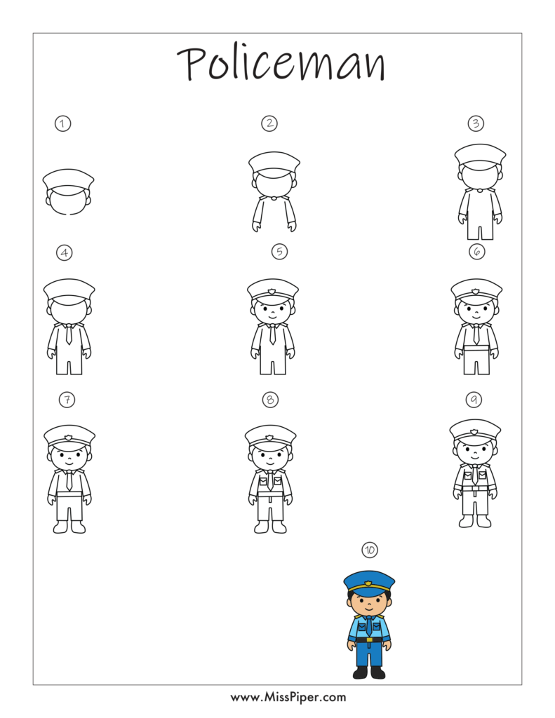 Policeman – How to draw Step by Step, easy for beginners – Free Printables