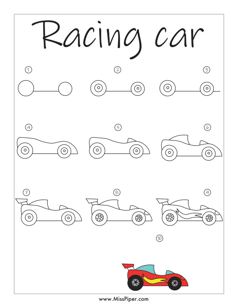 Racing Car – How to draw Step by Step, easy for beginners – Free Printables