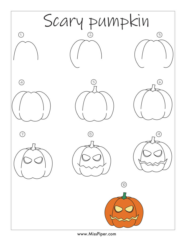 Scary Pumpkin – How to draw Step by Step, easy for beginners – Free Printables