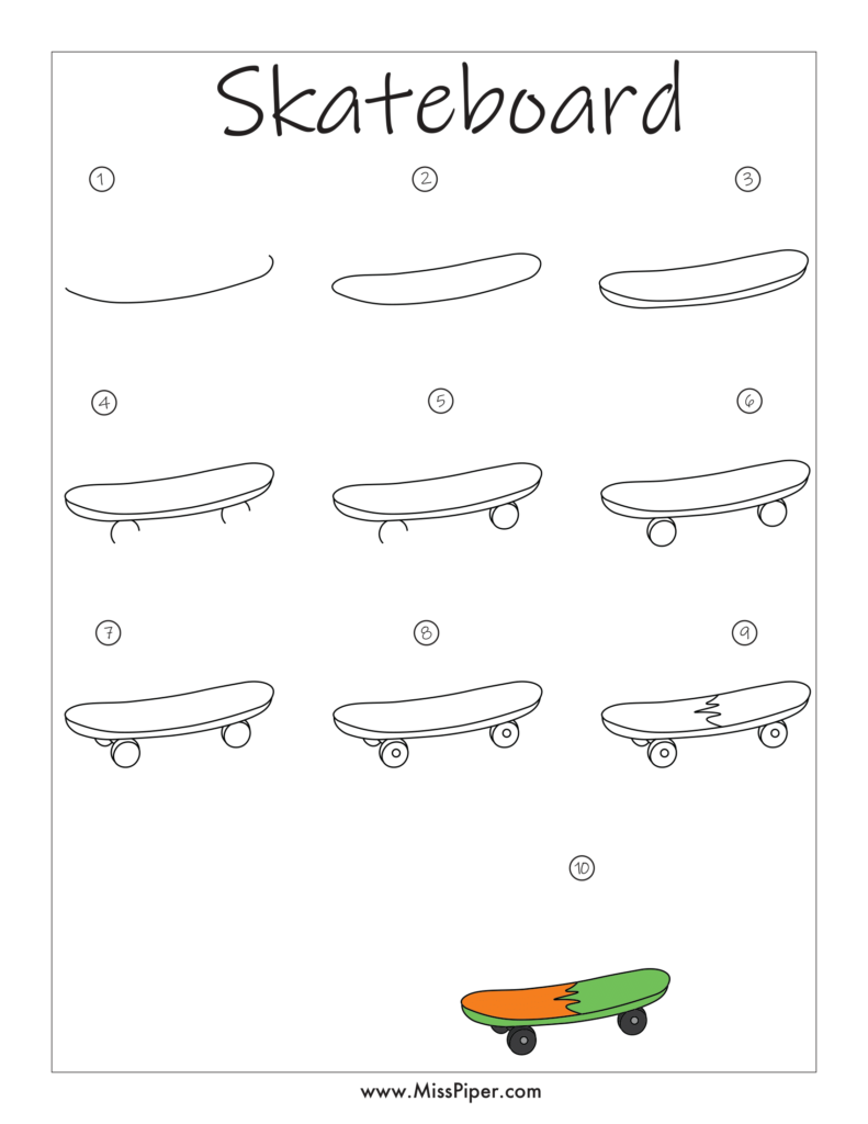 Skateboard – How to draw Step by Step, easy for beginners – Free Printables