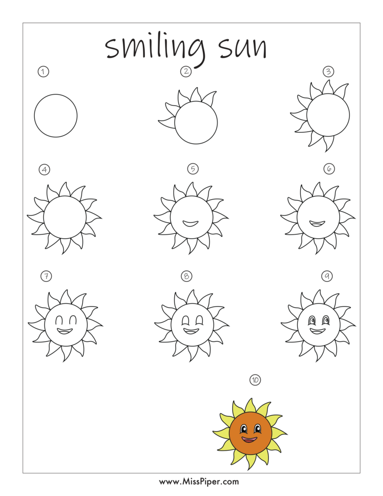 Smiling Sun – How to draw Step by Step, easy for beginners – Free Printables