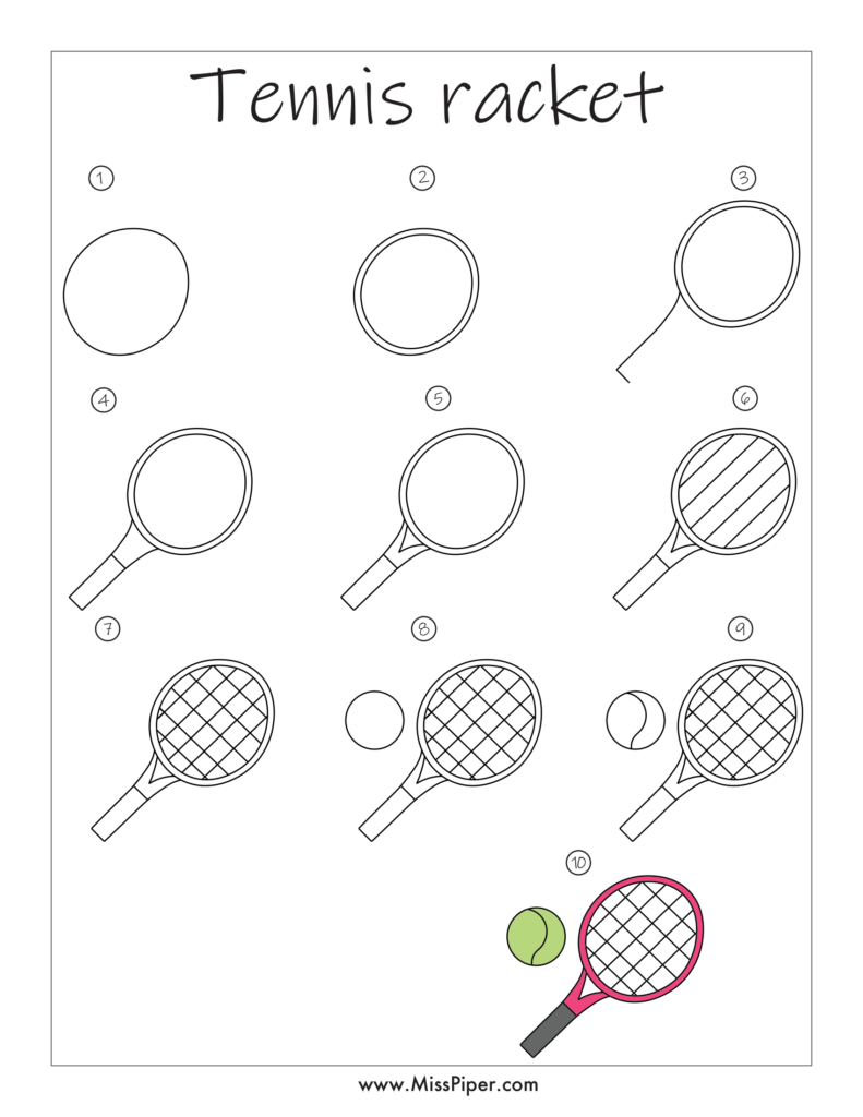 Tennis Racket – How to draw Step by Step, easy for beginners – Free Printables