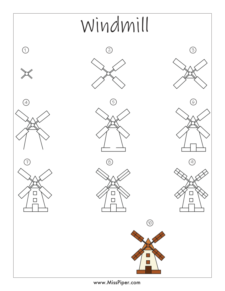 Windmill – How to draw Step by Step, easy for beginners – Free Printables