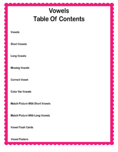 free VOWELS Worksheets - TABLE OF CONTENTS